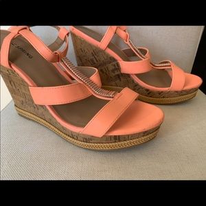 Peach and cork wedge sandals